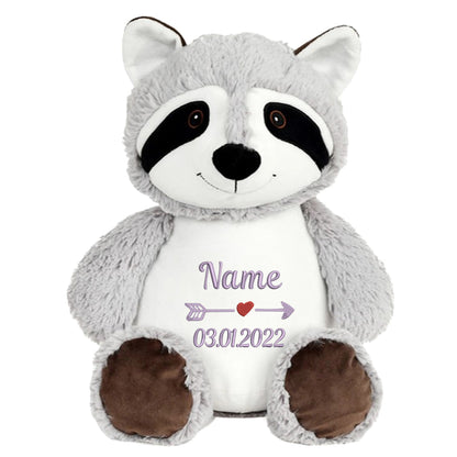 Personalisiertes Stofftier Waschbär Kuscheltier Bestickt Plüschtier zur Geburt Stickmotiv Name und Datum