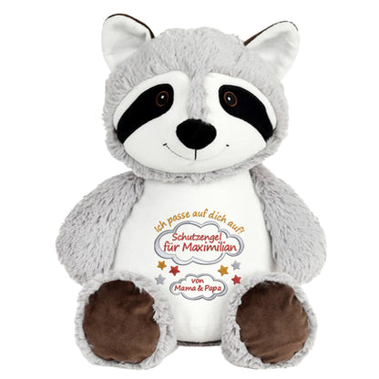 Personalisiertes Stofftier Waschbär Kuscheltier Bestickt Plüschtier zur Geburt Stickmotiv Schutzengel