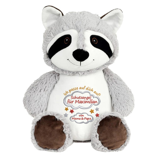 Personalisiertes Stofftier Waschbär Kuscheltier Bestickt Plüschtier zur Geburt Stickmotiv Schutzengel
