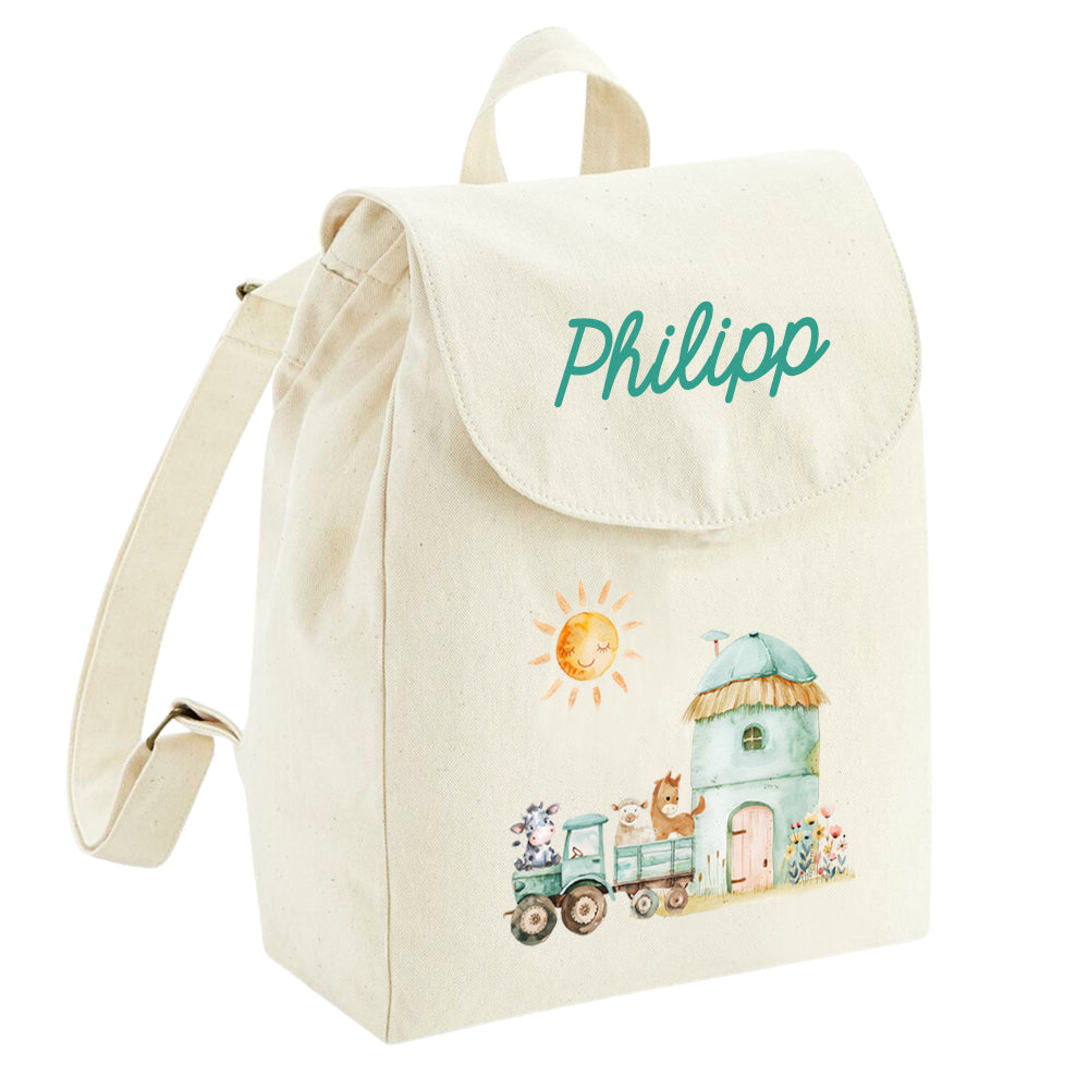 Personalisierter Rucksack aus Bio Baumwolle Kinderrucksack Name und Motiv Bauernhof bedruckt verschiedene Farben