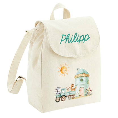 Personalisierter Rucksack aus Bio Baumwolle Kinderrucksack Name und Motiv Bauernhof bedruckt verschiedene Farben
