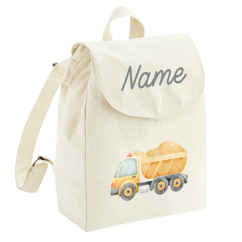 Personalisierter Rucksack aus Bio Baumwolle Kinderrucksack Name und Fahrzeug Motiv bedruckt verschiedene Farben