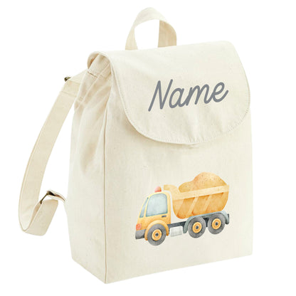 Personalisierter Rucksack aus Bio Baumwolle Kinderrucksack Name und Fahrzeug Motiv bedruckt verschiedene Farben