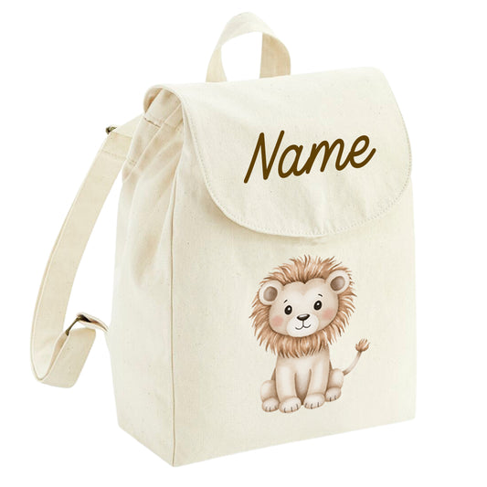 Personalisierter Rucksack aus Bio Baumwolle Kinderrucksack Name und Dschungeltier bedruckt verschiedene Farben