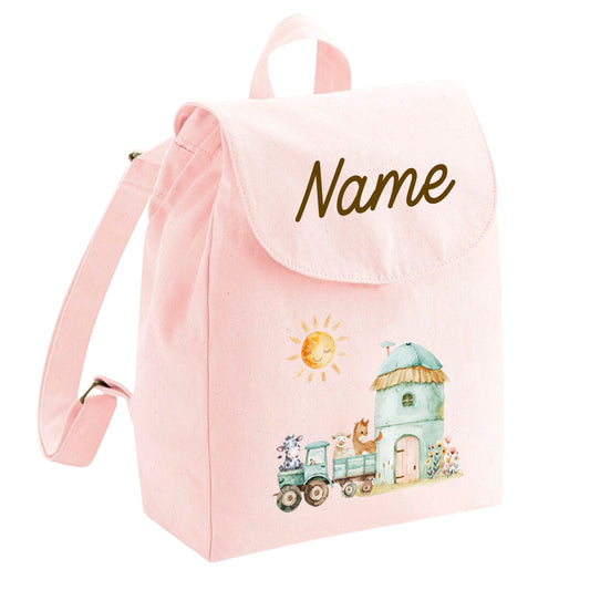 Personalisierter Rucksack aus Bio Baumwolle Kinderrucksack Name und Motiv Bauernhof bedruckt verschiedene Farben