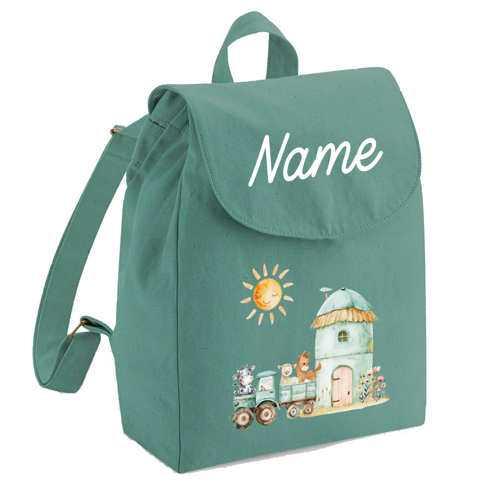 Personalisierter Rucksack aus Bio Baumwolle Kinderrucksack Name und Motiv Bauernhof bedruckt verschiedene Farben
