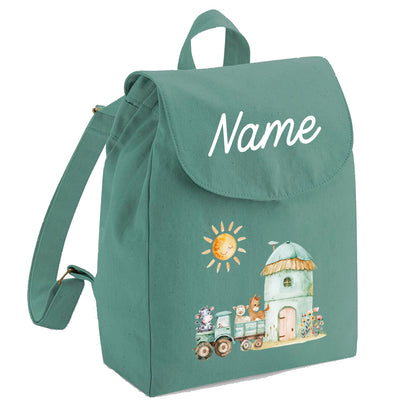 Personalisierter Rucksack aus Bio Baumwolle Kinderrucksack Name und Motiv Bauernhof bedruckt verschiedene Farben