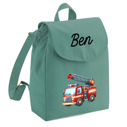 Personalisierter Rucksack aus Bio Baumwolle Kinderrucksack Name und Fahrzeug Motiv bedruckt verschiedene Farben