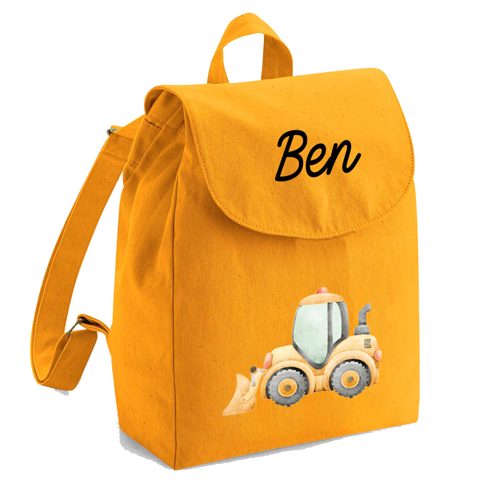 Personalisierter Rucksack aus Bio Baumwolle Kinderrucksack Name und Fahrzeug Motiv bedruckt verschiedene Farben