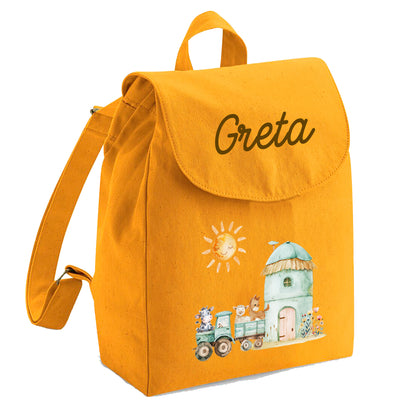 Personalisierter Rucksack aus Bio Baumwolle Kinderrucksack Name und Motiv Bauernhof bedruckt verschiedene Farben