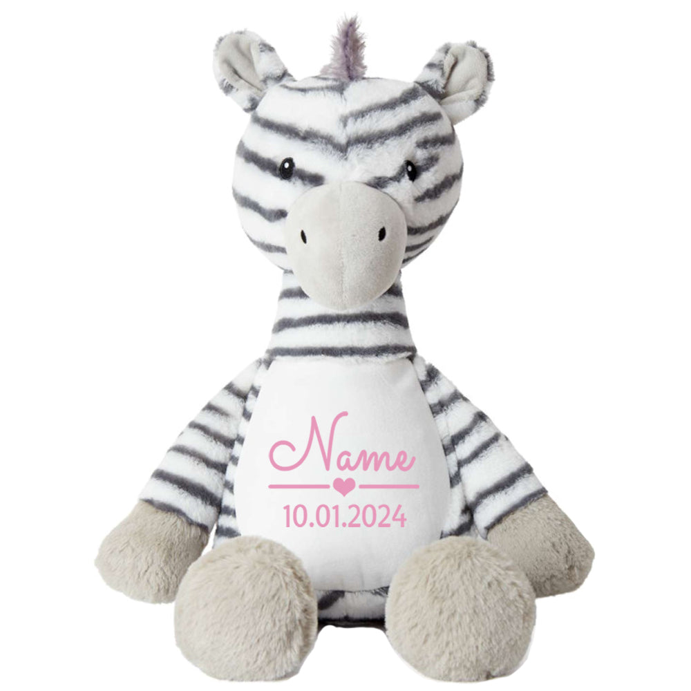 Stofftier Zebra mit Name personalisiert Kuscheltier für Kinder Flauschiges Plüschtier 40cm Motiv Name und Datum