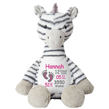 Stofftier Zebra mit Name personalisiert Kuscheltier für Kinder Flauschiges Plüschtier 40cm Motiv Füßchen