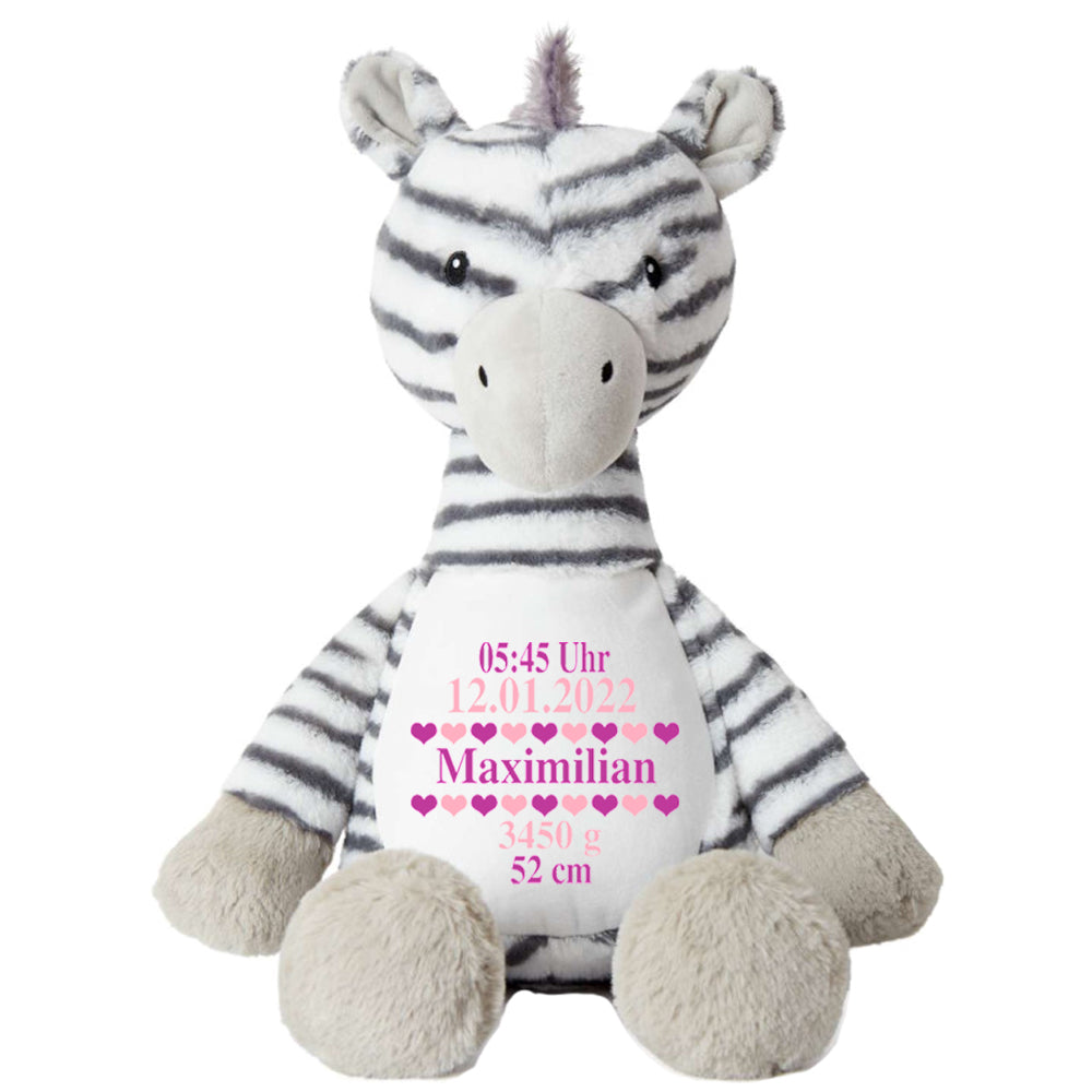 Stofftier Zebra mit Name personalisiert Kuscheltier für Kinder Flauschiges Plüschtier 40cm Motiv Geburt