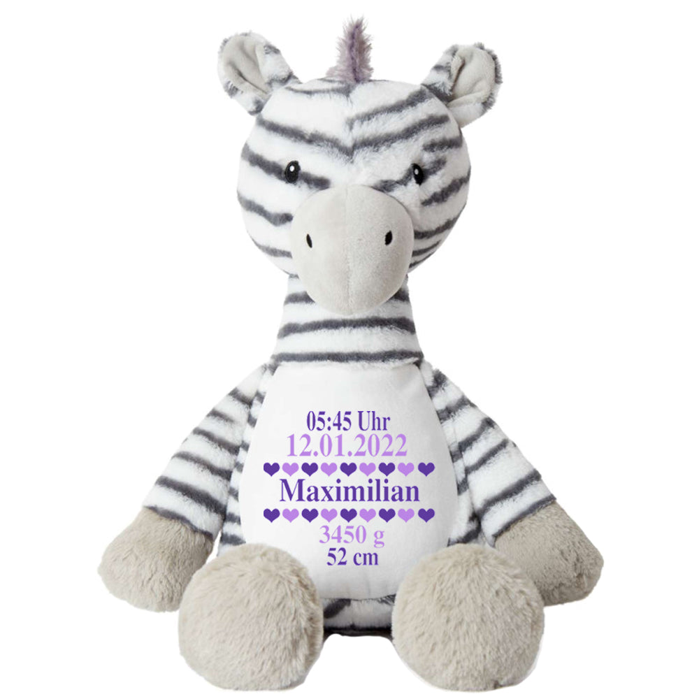 Stofftier Zebra mit Name personalisiert Kuscheltier für Kinder Flauschiges Plüschtier 40cm Motiv Geburt